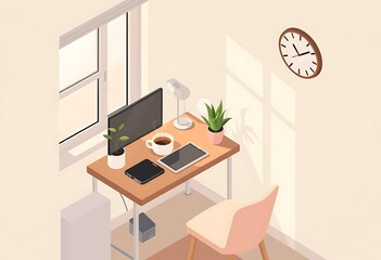 Isometric Design of a Small Apartment Workspace, Featuring a Corner Desk, Steaming Coffee, and Soft Lighting, Perfect for a Minimalist Setting.
