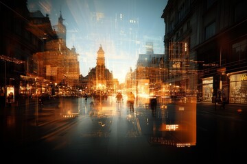 Obraz premium City skyline illuminated during twilight with dynamic light reflections and bustling street activity