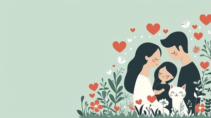 Happy Family Portrait in Blooming Garden with Pet Cat