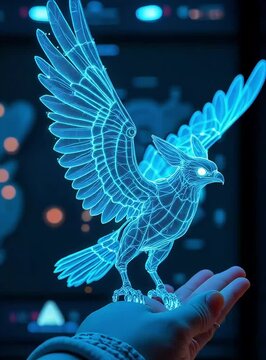 Holographic Falcon with Glowing Blue Wings in Futuristic Setting