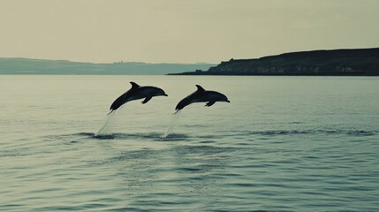 Fototapeta premium A pair of dolphins leaping out of the water, appearing to sit momentarily side by side in mid-air.