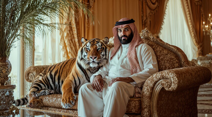 Wealthy sheik sitting with tiger in luxurious palace