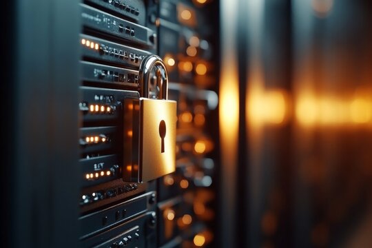 Secure server room with padlock highlighting data protection and cybersecurity measures
