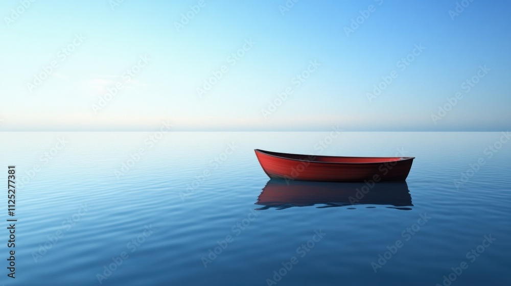 Poster a vibrant red boat floats on tranquil waters, reflecting the clear sky above, offering a perfect bac