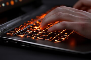 Fingers typing on a glowing orange keyboard in a low-light setting during a late-night gaming session