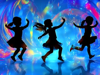 Silhouettes of children dancing energetically on a bright blue background with swirling colors,