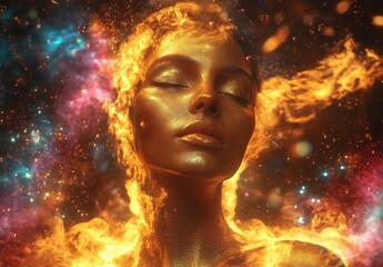 Beautiful woman with her eyes closed surrounded by flames, creating an aura of energy and strength