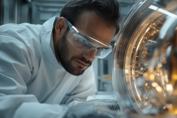Scientist examines advanced equipment in a modern laboratory during research and development