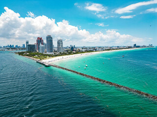 Summer in Miami . Miami beach coastline. Panoramic view of Luxury condos in Miami Beach Florida. Aerial View of Surfside Miami Beach.