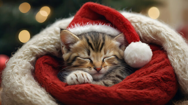 Adorable tabby kitten sleeps soundly in a Santa hat nestled within a cozy red and white Christmas stocking, illuminated by festive bokeh lights.
