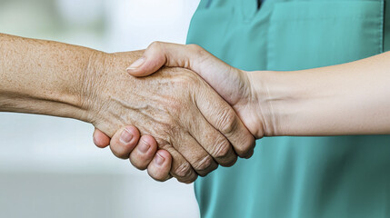Fototapeta premium Nurse and senior patient shaking hands, symbolizing care and trust. This moment reflects compassion and connection in healthcare settings
