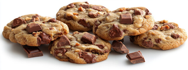 Obraz premium Close-up of freshly baked chocolate chip cookies showcasing gooey chocolate chunks atop a white background, inviting indulgence.