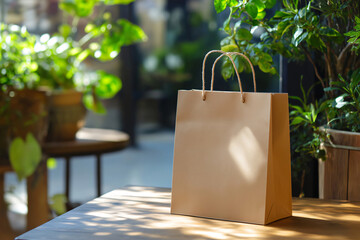 Brown paper shopping bag with customizable logo standing on a wooden table in a garden center, surrounded by plants