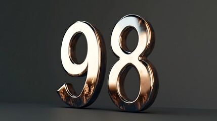 A high-gloss 3D number "98" in polished bronze, with soft ambient lighting on a solid dark gray background,