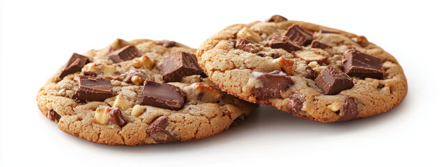 Obraz premium Two delicious chocolate chip cookies with chunks of chocolate and nuts on a white background, showcasing their rich texture and inviting appearance.