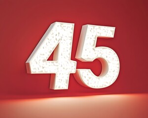 The number "45" in bright white 3D text, with a glowing effect, against a solid red background
