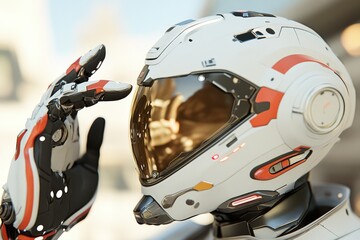 Futuristic robotic helmet with advanced technology and sleek design showcased in a modern environment