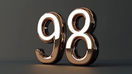A high-gloss 3D number "98" in polished bronze, with soft ambient lighting on a solid dark gray background,