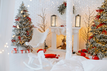 Cozy winter wonderland with Christmas decorations and gifts for the holidays
