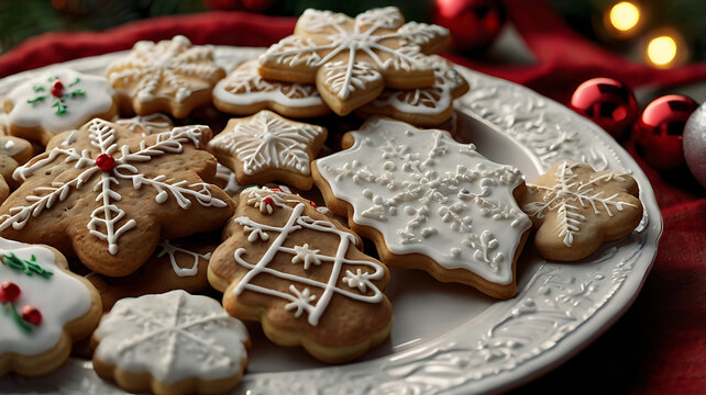 Assorted Christmas gingerbread cookies with icing on a plate.