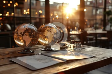 Elegant interior space showcasing decorative globes and warm sunset lighting in a vibrant café environment