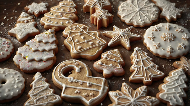 Assortment of iced Christmas gingerbread cookies in various shapes and sizes on a wooden surface. - Powered by Adobe
