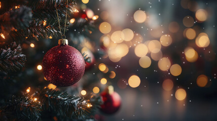 festive Christmas tree adorned with red ornaments and sparkling lights creates warm, joyful atmosphere, perfect for holiday celebrations