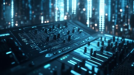 Obraz premium Futuristic control panel, glowing blue, knobs, buttons.