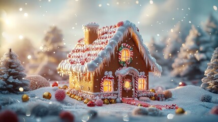 Fototapeta premium Gingerbread house adorned with colorful decorations surrounded by snowy landscape and festive trees during winter