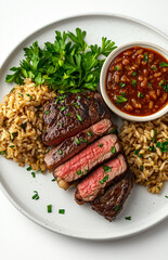  Beef fillet steak with brown rice and sauce on a white plate, food photography, isolated background