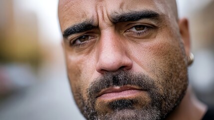 Obraz premium A close up of a bald man with a serious look on his face