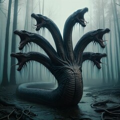 Hydra, a many-headed monster from ancient Greek mythology. When it loses a head, it grows two new ones. Water snake. Deadly breath and poisonous saliva. Lernaean Hydra or Hydra of Lerna. Generative AI