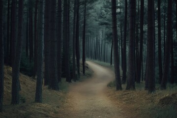 Fototapeta premium Mysterious dirt path winding through a dense forest of tall pine trees, creating a serene yet slightly ominous atmosphere