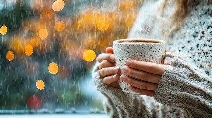 A person in a cozy sweater holding a coffee mug with both hands, inhaling deeply in front of a rainy window