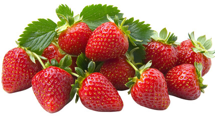 Obraz premium High-Angle Close-up of Fresh Strawberries Composition, Isolated on White Background, Red Fruit, Green Leaves, Juicy, Strawberry Still Life