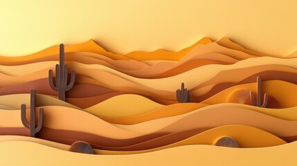 Dreamy paper cut desert with layered golden dunes, a soft sunset glow, cacti silhouettes, and an open sky creating a warm, minimal escape scene