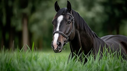 Obraz premium A black horse standing in a field of green grass
