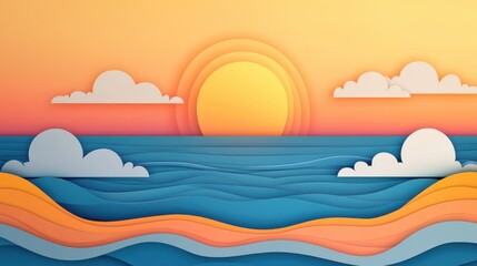 Modern paper cut craft sunset with layered clouds, glowing light gradients, ocean waves, and soft pastel tones creating a sophisticated, minimal coastal view