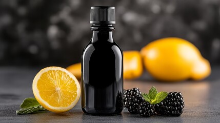 A bottle of blackberry and lemon essential oil next to a half of a lemon