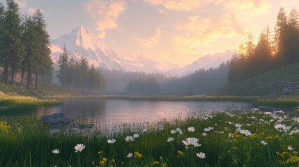 Rugged mountain peaks piercing through misty morning skies, serene lakes reflecting soft pink hues of sunrise, and tranquil landscapes dotted with wildflowers and lush greenery