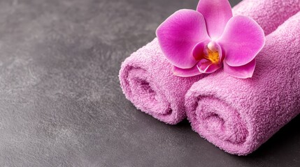 A pink orchid sits on top of a stack of pink towels
