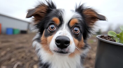 Fototapeta premium A small dog looking at the camera with a potted plant in front of it