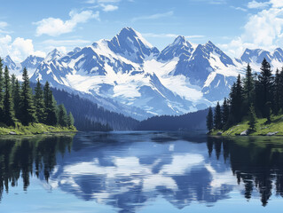Majestic snow capped mountains reflect in serene lake surrounded by lush pine trees, creating tranquil and picturesque landscape