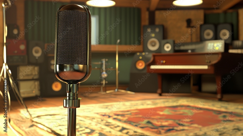 Poster recording session in studio with vintage microphone and stand acoustic environment close-up perspect