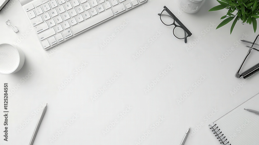 Poster Creative workspace setup home office image of desk and keyboard minimalist environment top-down view productivity concept