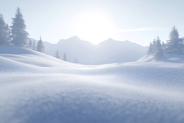 Obraz premium Sunlight illuminates a pristine blanket of snow across rolling hills, creating a tranquil winter scene with snow covered trees and distant mountains