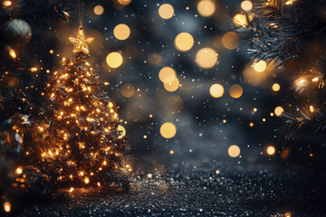 Obraz premium beautifully decorated Christmas tree with glowing lights and bokeh effects creates warm, festive atmosphere. soft focus enhances magical holiday spirit