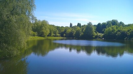 Fototapeta premium Serene lake reflecting lush green trees under a blue sky