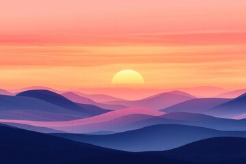 Obraz premium Vibrant sunset casting warm hues over rolling hills, creating a breathtaking and tranquil landscape filled with color and serenity