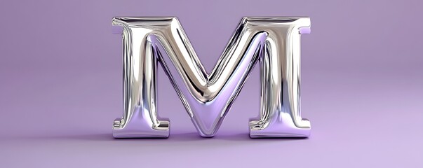 3D "M" text in polished silver with clean reflections, on a solid purple background